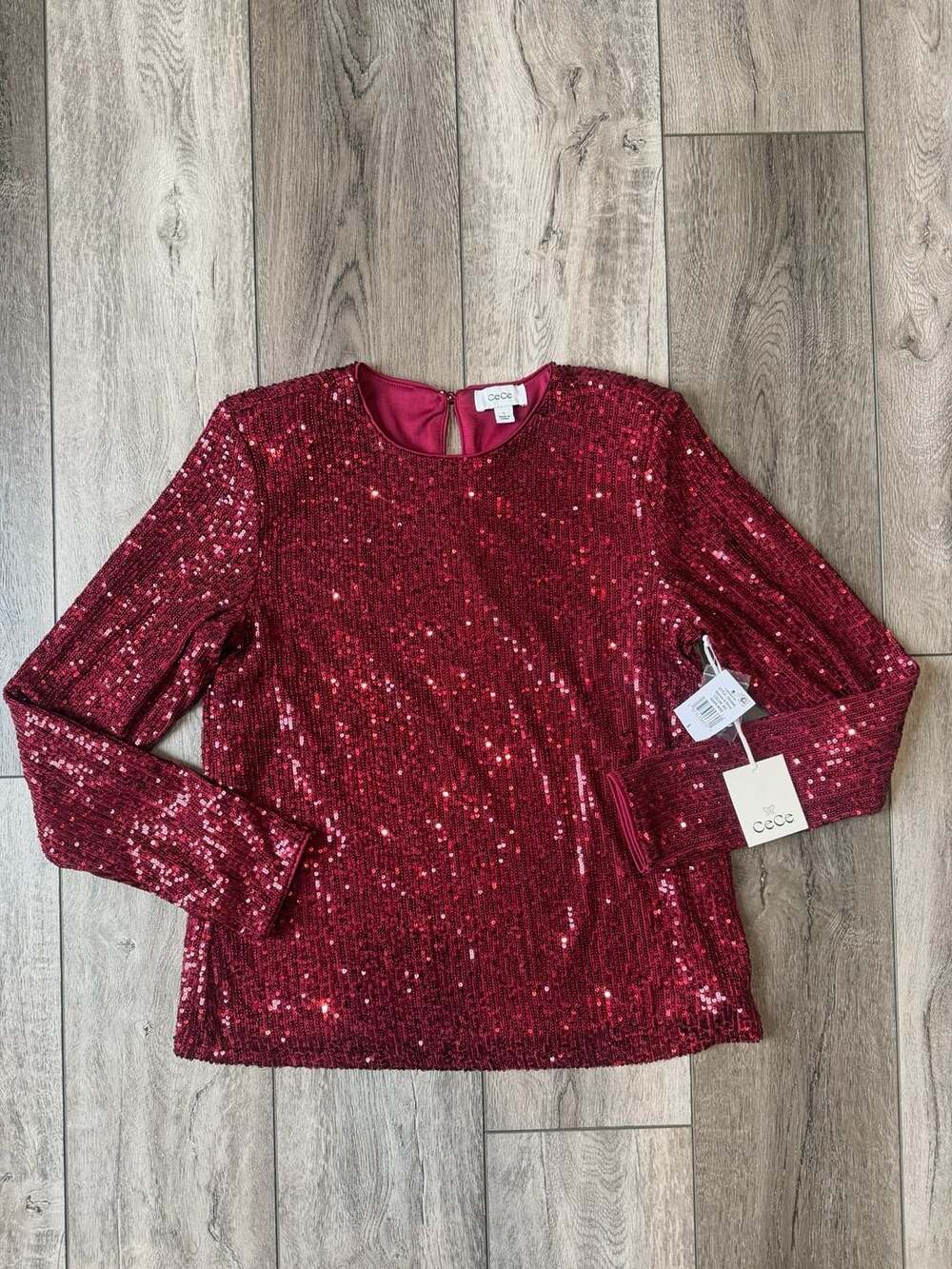CeCe Sparkle & Shine Sequin Long Sleeve Top Size S Dark Wine